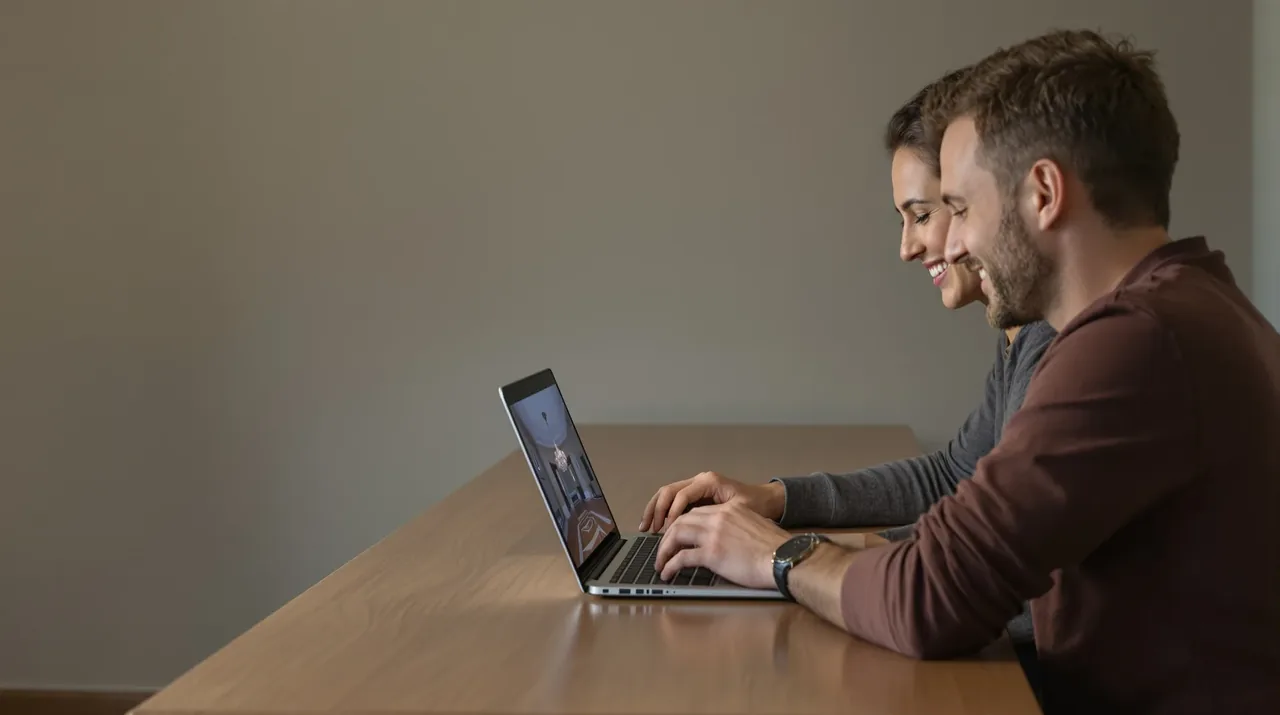Un conseiller devant son ordinateur portable, dans un appartement présenté en visite virtuelle