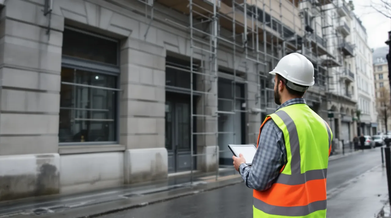 Chef de chantier en gilet de sécurité tenant un plan dans un bâtiment en travaux