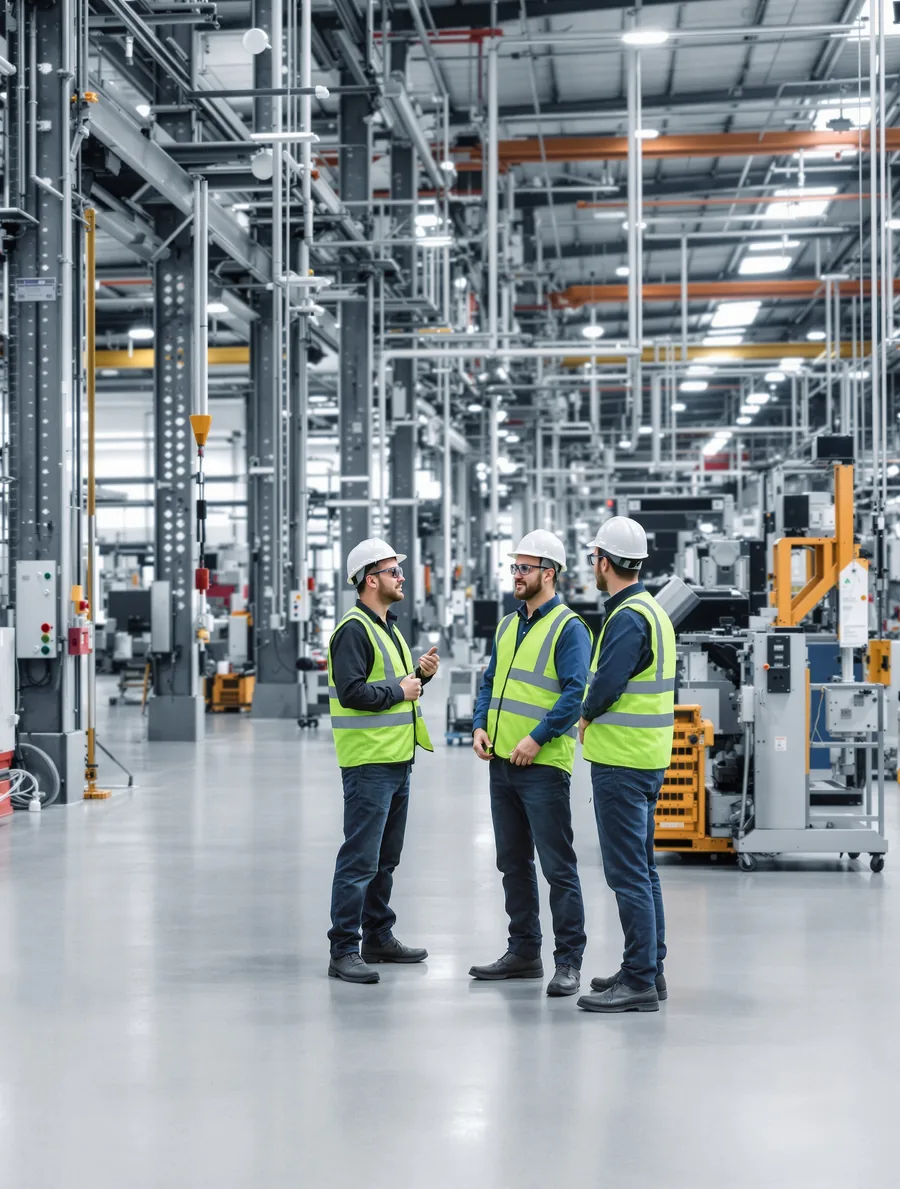 Trois techniciens en gilet et casque échangent dans un atelier industriel