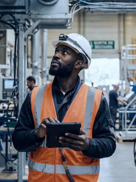 Un technicien en casque et gilet consulte une tablette dans une usine
